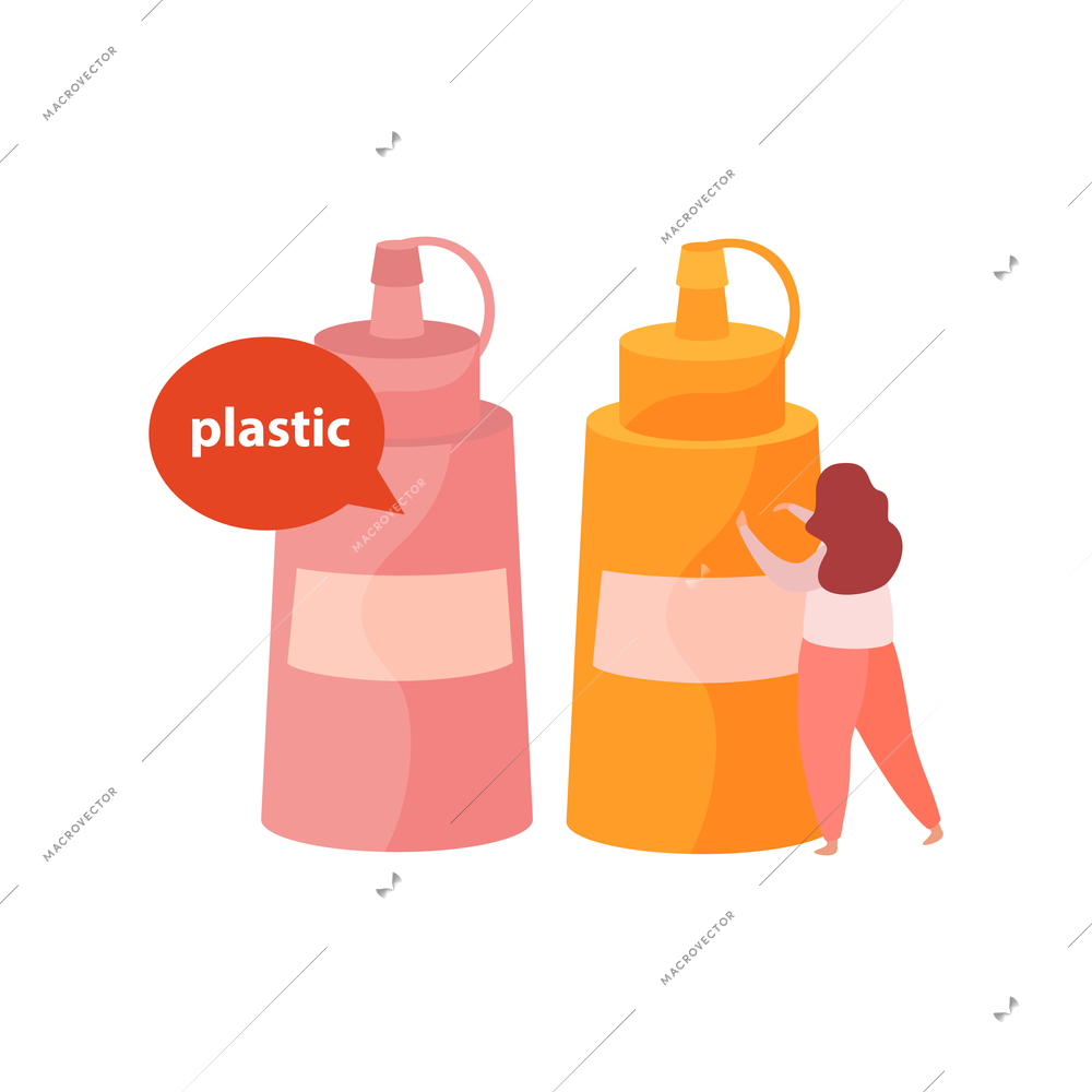 Flat icon with two plastic bottles and tiny woman character on white background vector illustration