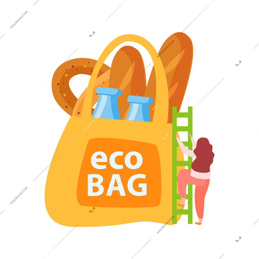 Flat stop plastic concept with products in eco bag vector illustration