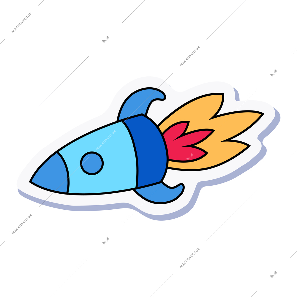 Doodle sticker with colorful flying rocket on white background vector illustration