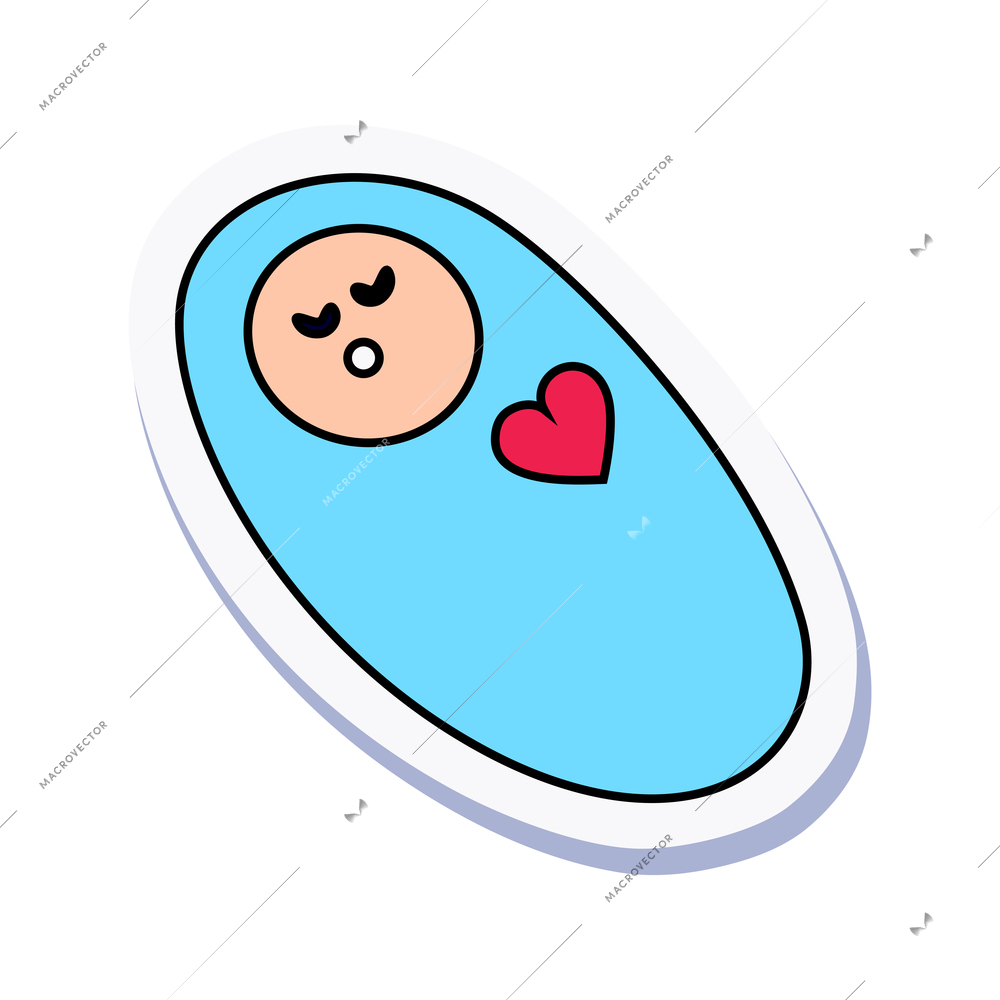 Hand drawn sticker with sleeping wrapped baby vector illustration