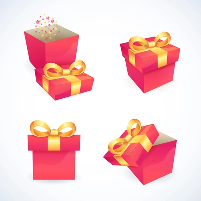 Box and pink package gift delivery with ribbon bow icons set isolated vector illustration