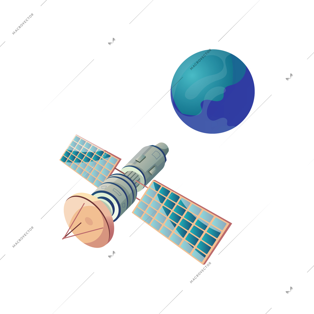 Flat icon of satellite and planet earth on white background isolated vector illustration