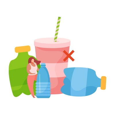 Flat stop plastic icon with human character bottles and glass with straw vector illustration