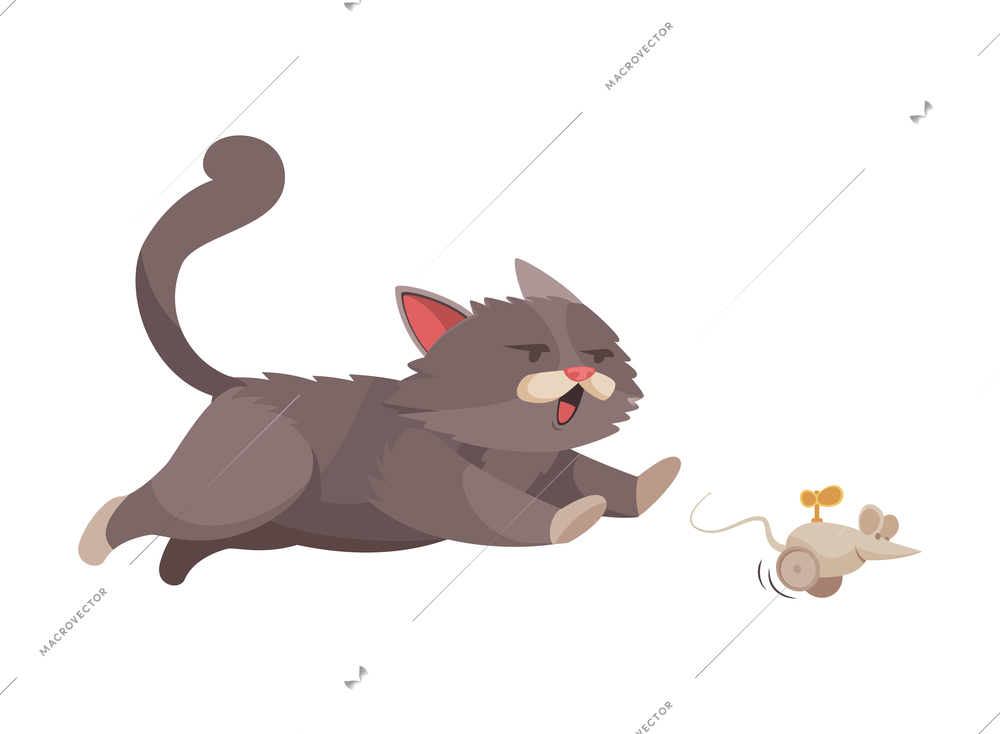 Playful kitten running after toy mouse cartoon vector illustration