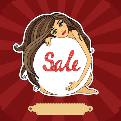 Sale poster with a girl, circle banner vector illustration