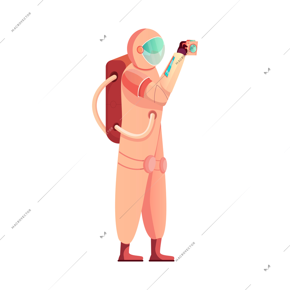 Astronaut with camera in outer space flat vector illustration