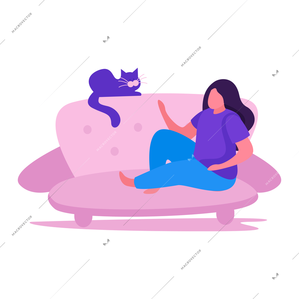 Woman resting on sofa with her cat flat vector illustration