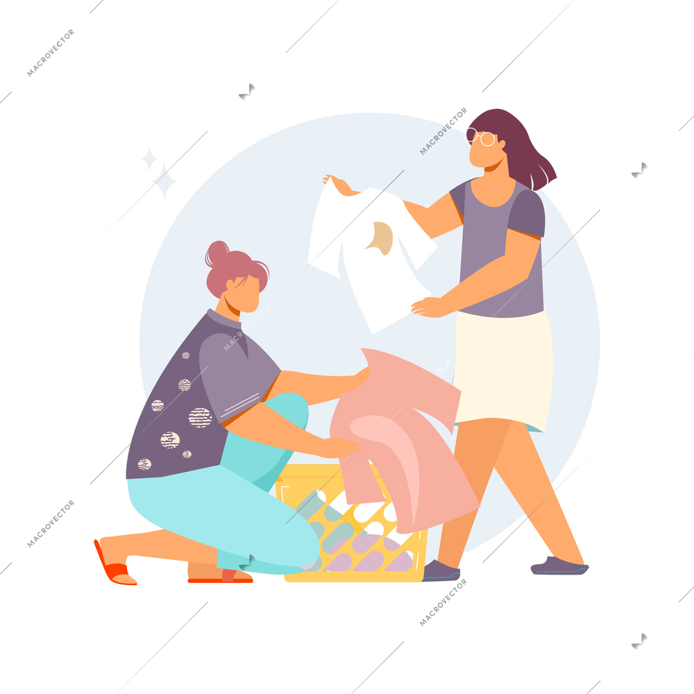 Laundry flat composition with free people collecting dirty clothes vector illustration