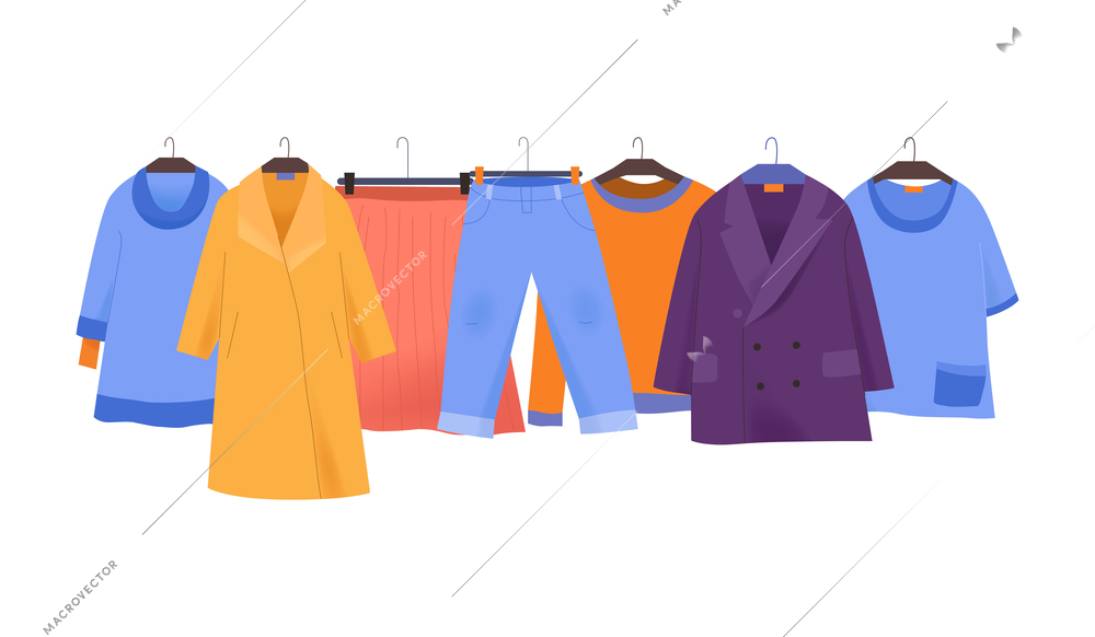 Flat clothes store icon with colorful coat jacket skirt trousers tshirt for women on hangers vector illustration