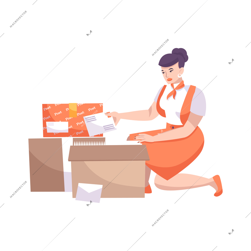 Female postal worker with box of letters flat vector illustration