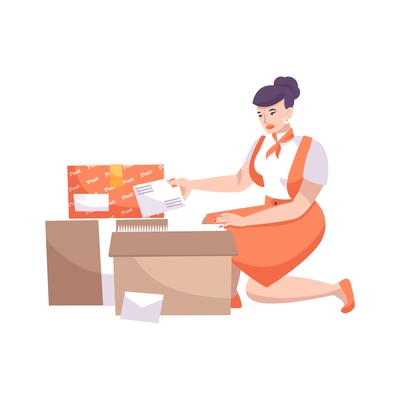 Female postal worker with box of letters flat vector illustration