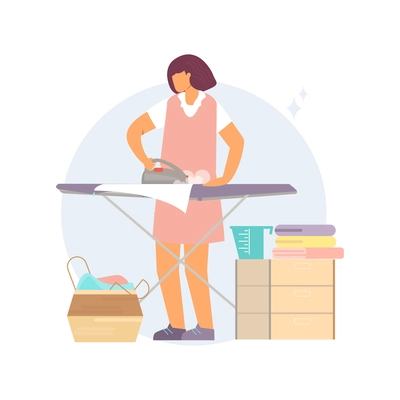 Flat composition with woman ironing clean linen vector illustration