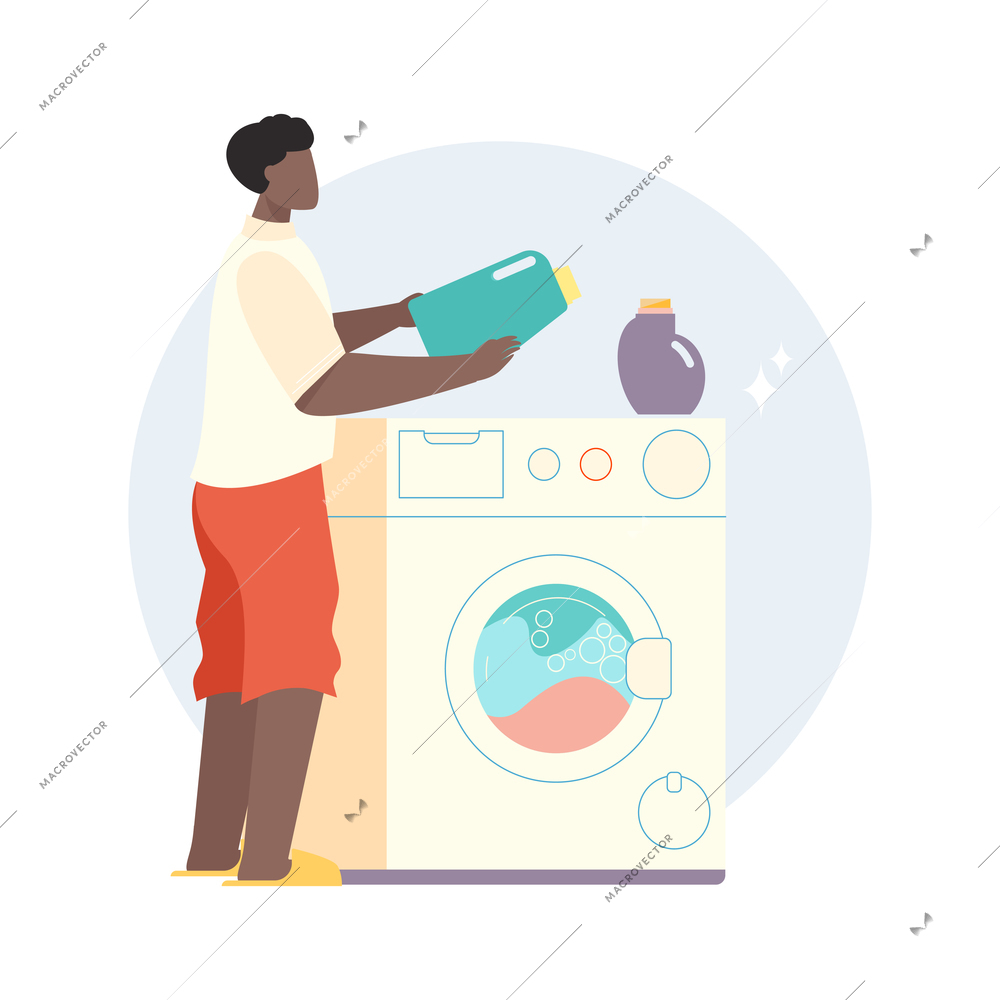 Flat composition with man doing laundry in washing machine vector illustration