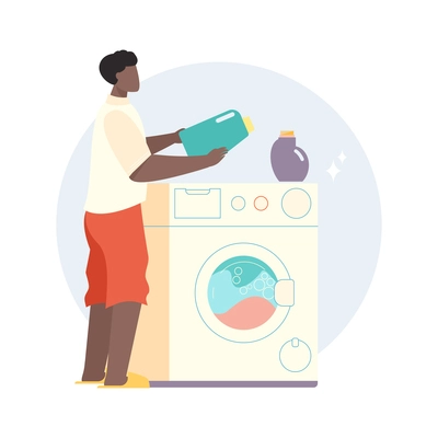 Flat composition with man doing laundry in washing machine vector illustration