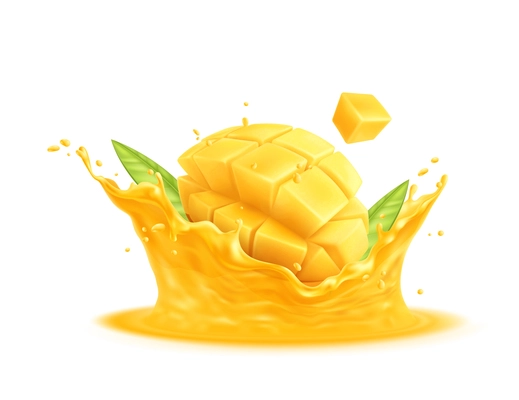 Realistic delicious sliced mango in juice splashes vector illustration