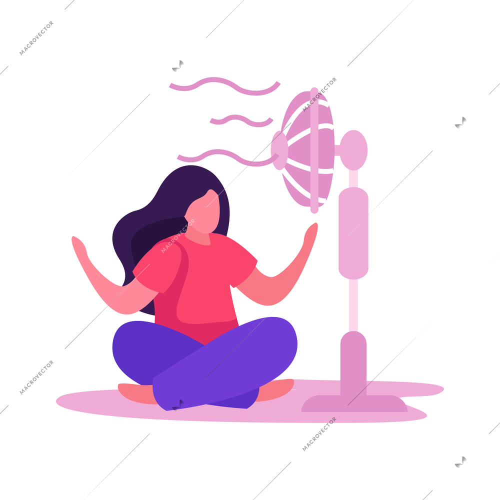 Self care concept with woman chilling in lotus position with electric fan flat vector illustration