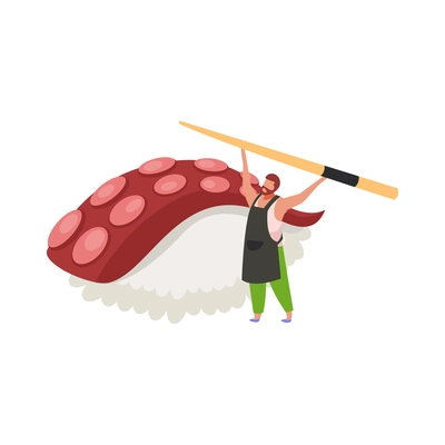 Nigiri sushi with octopus and man holding chopstick flat icon vector illustration