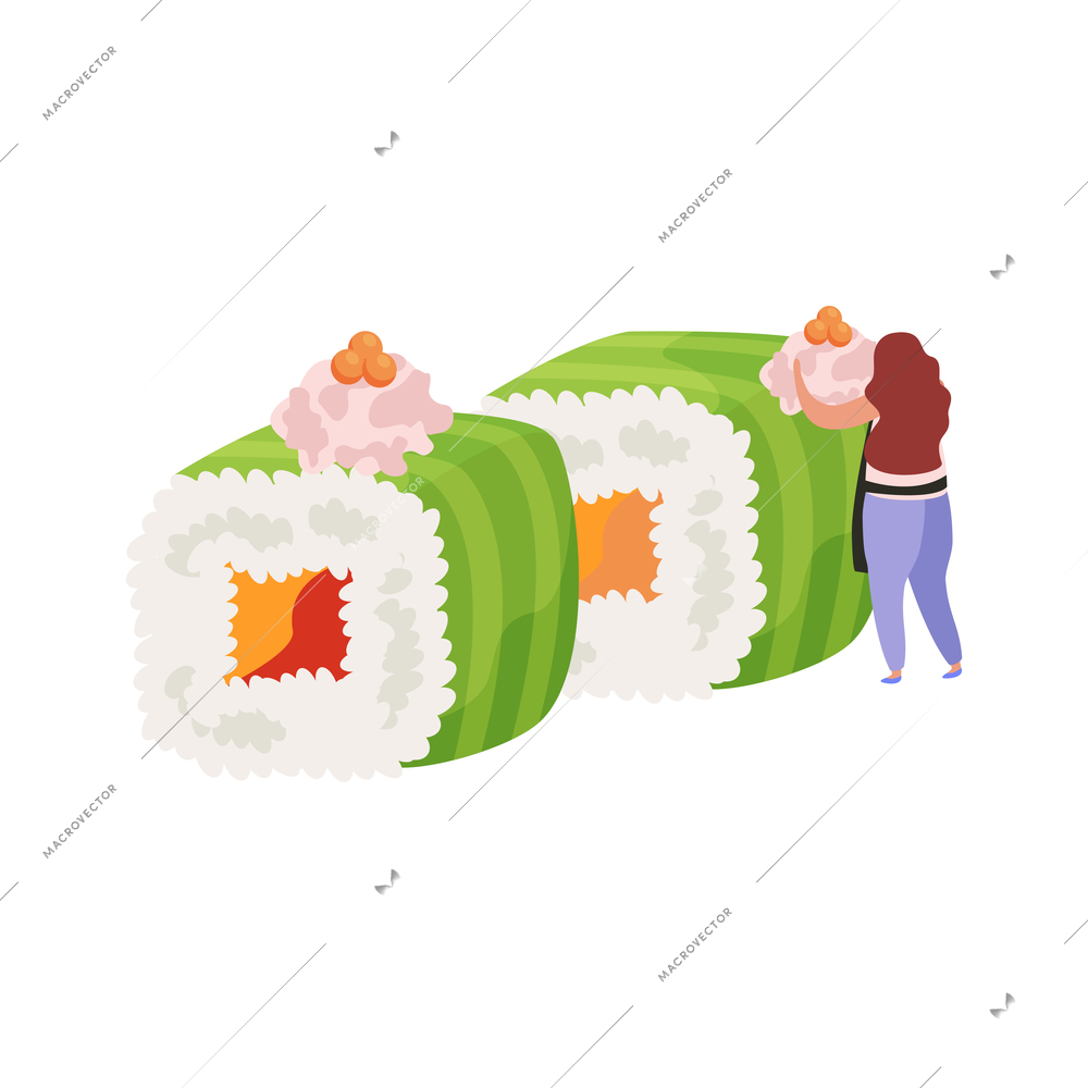 Flat icon with woman character putting topping on sushi maki vector illustration