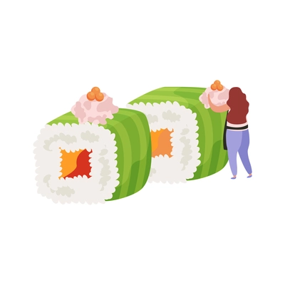 Flat icon with woman character putting topping on sushi maki vector illustration
