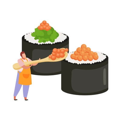 Gunkan sushi and character holding spoon with red caviar flat icon vector illustration