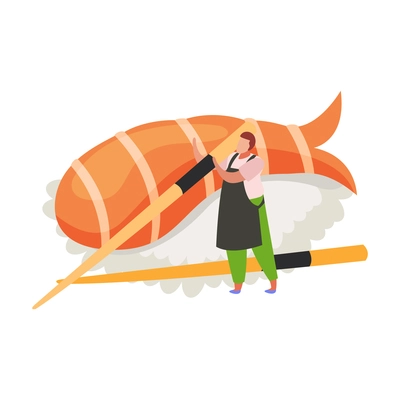 Flat icon with salmon sushi and man holding chopsticks vector illustration