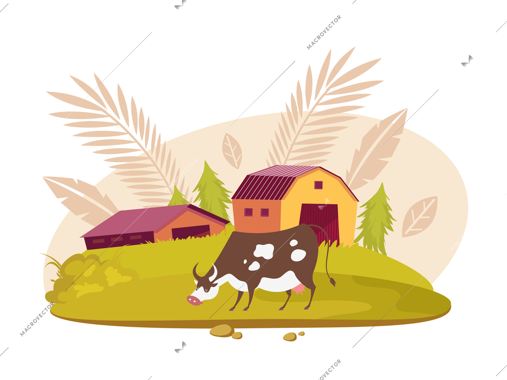 Flat cow grazing on green field next to farm house vector illustration