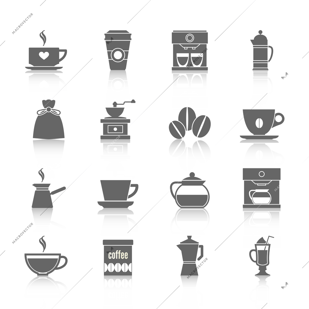 Coffee cup pot energetic drink icons black set isolated vector illustration