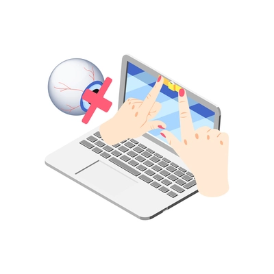 Isometric concept of privacy protection with sticker on laptop camera 3d vector illustration