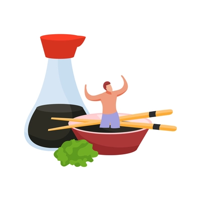 Bottle of soy sauce chopsticks wasabi and human character standing in bowl flat vector illustration