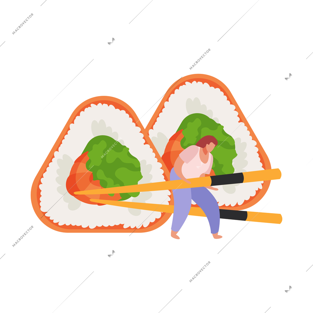 Flat sushi icon with salmon maki and character holding chopsticks vector illustration