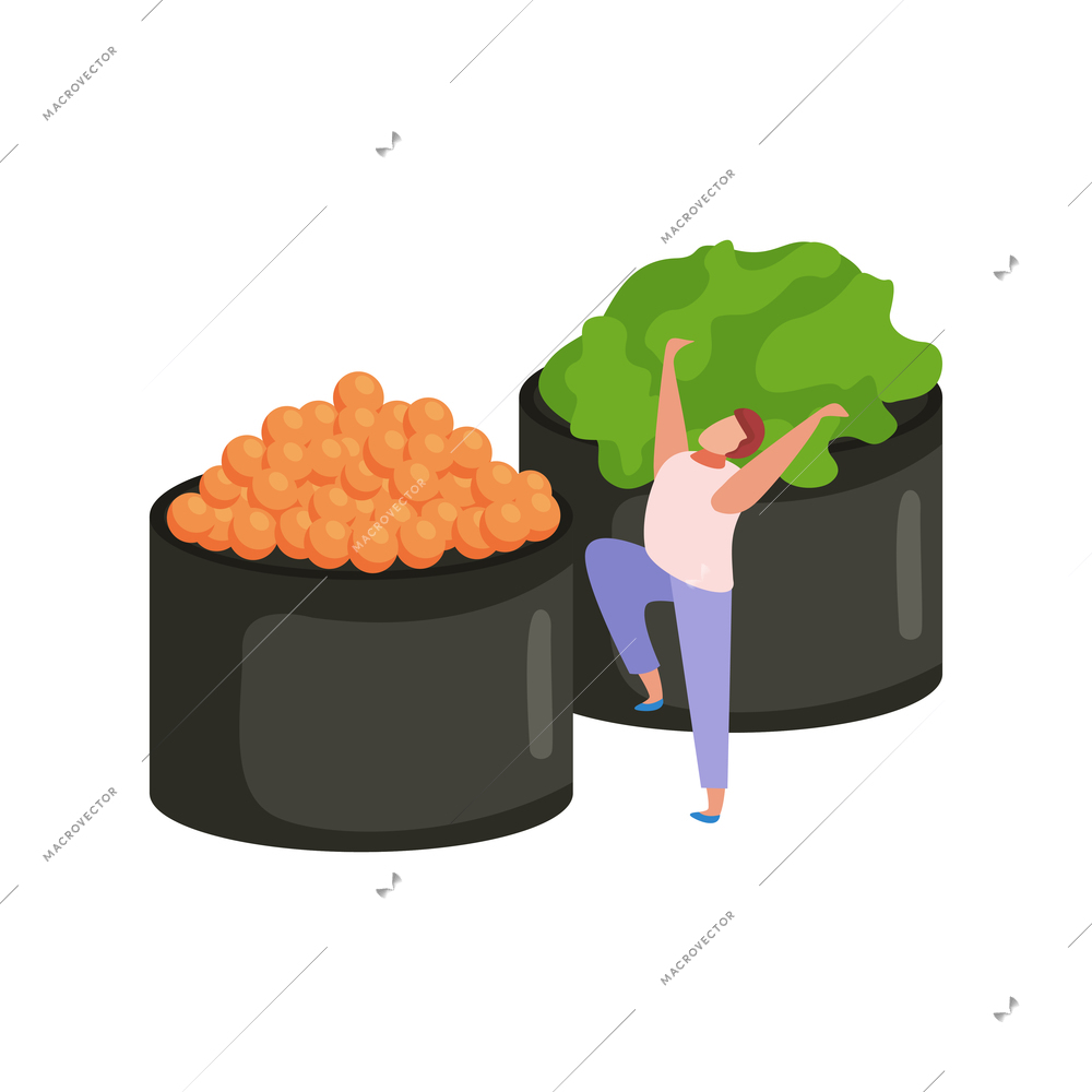 Flat design icon with two gunkan sushi and happy human character vector illustration