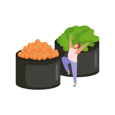 Flat design icon with two gunkan sushi and happy human character vector illustration