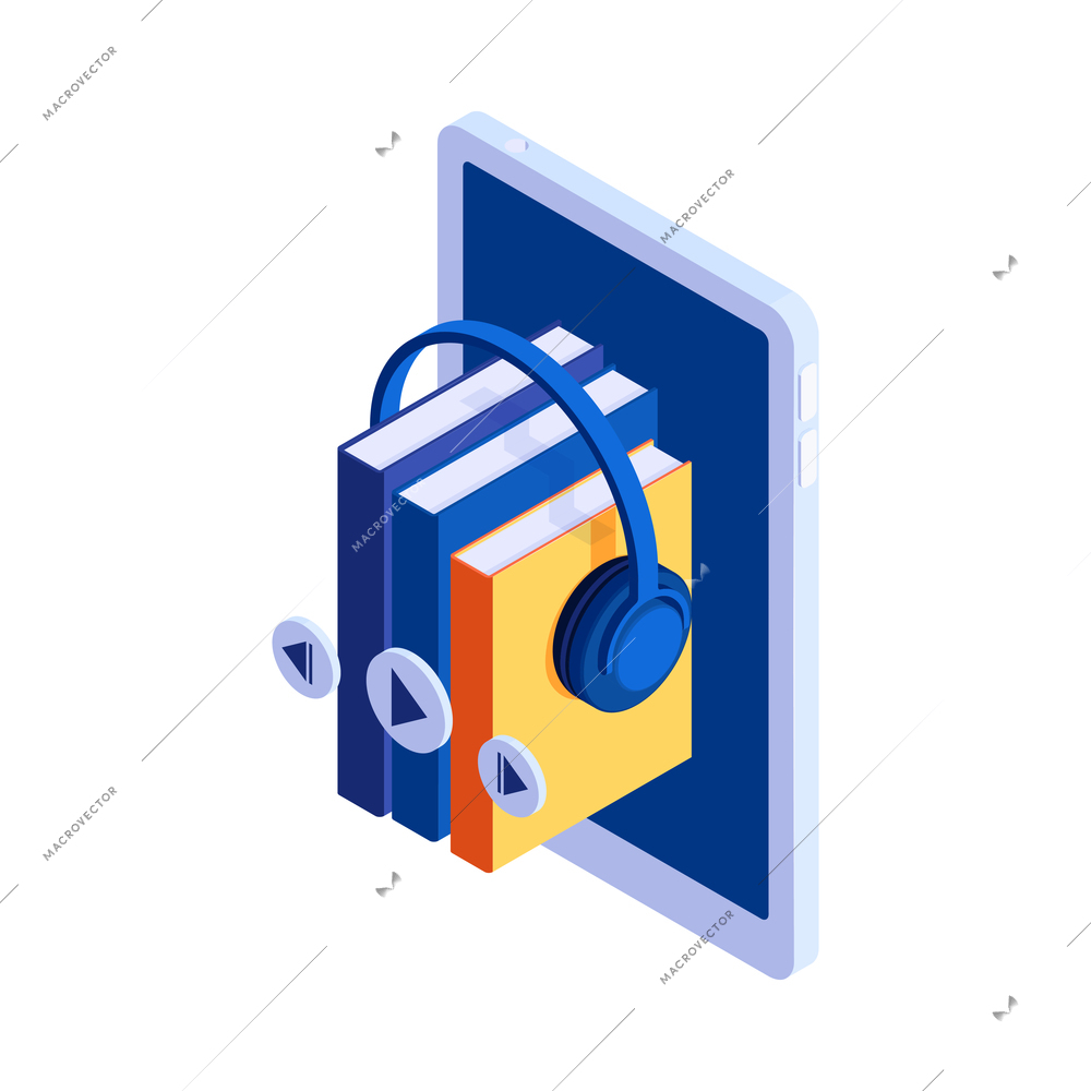 Online audio books library concept with 3d gadget and headphones isometric vector illustration