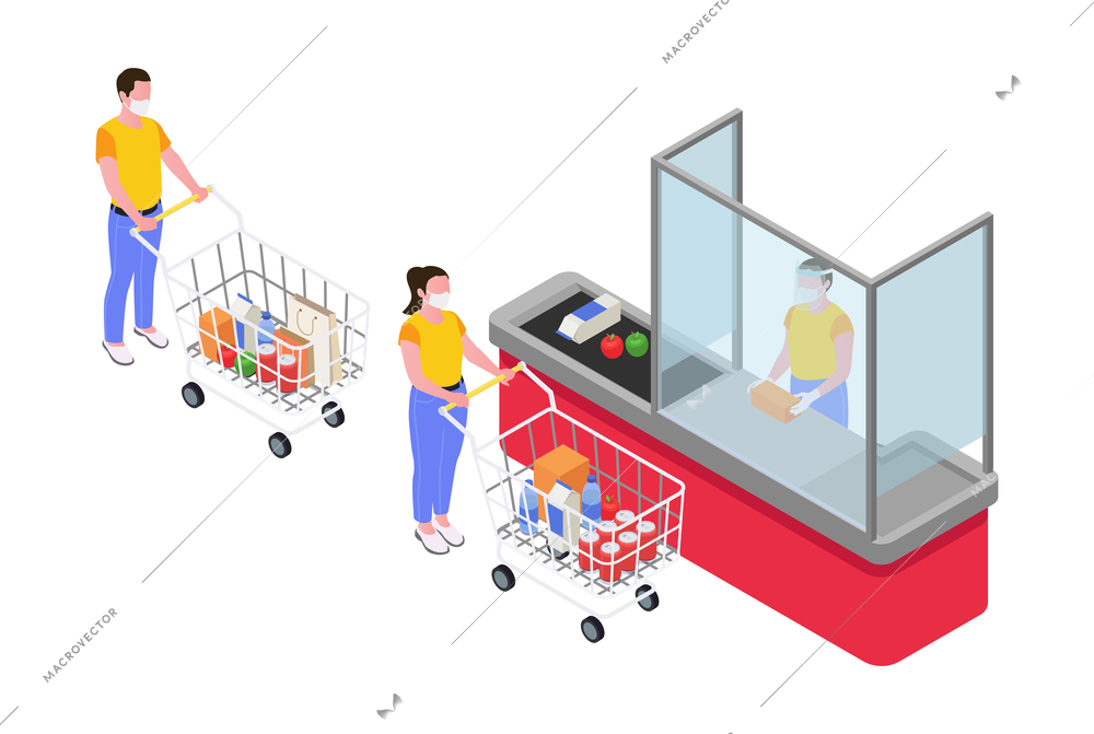 People keeping social distance in supermarket and cashier behind protective barrier isometric vector illustration