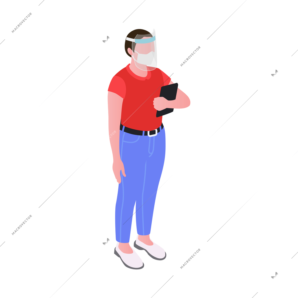 Human character wearing medical mask and protective shield isometric icon vector illustration