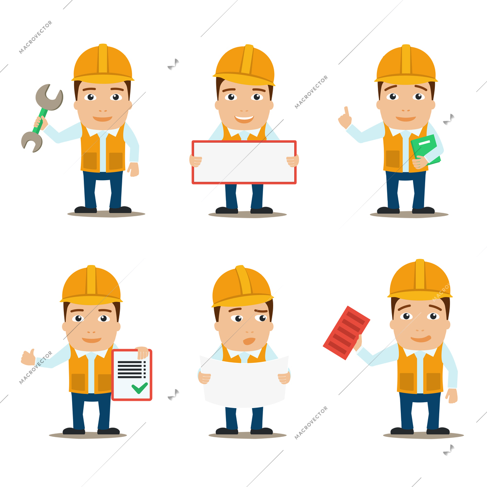 Builder construction worker and engineer male characters set isolated vector illustration