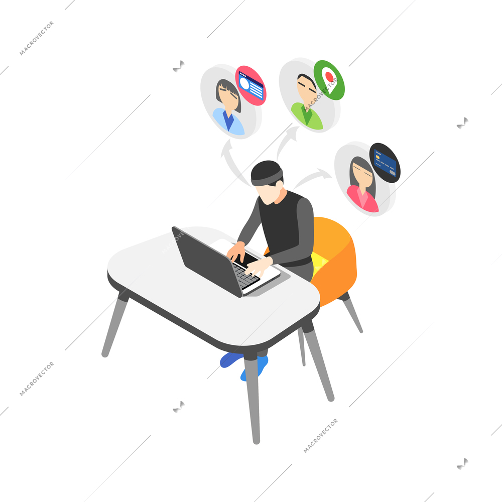 Hacker with laptop trying to get personal data isometric icon vector illustration