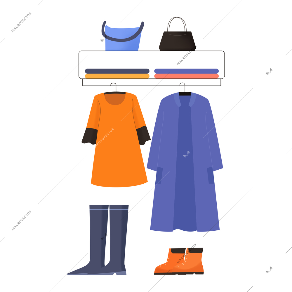 Flat design clothing shop display icon with coat dress shoes bags for women vector illustration