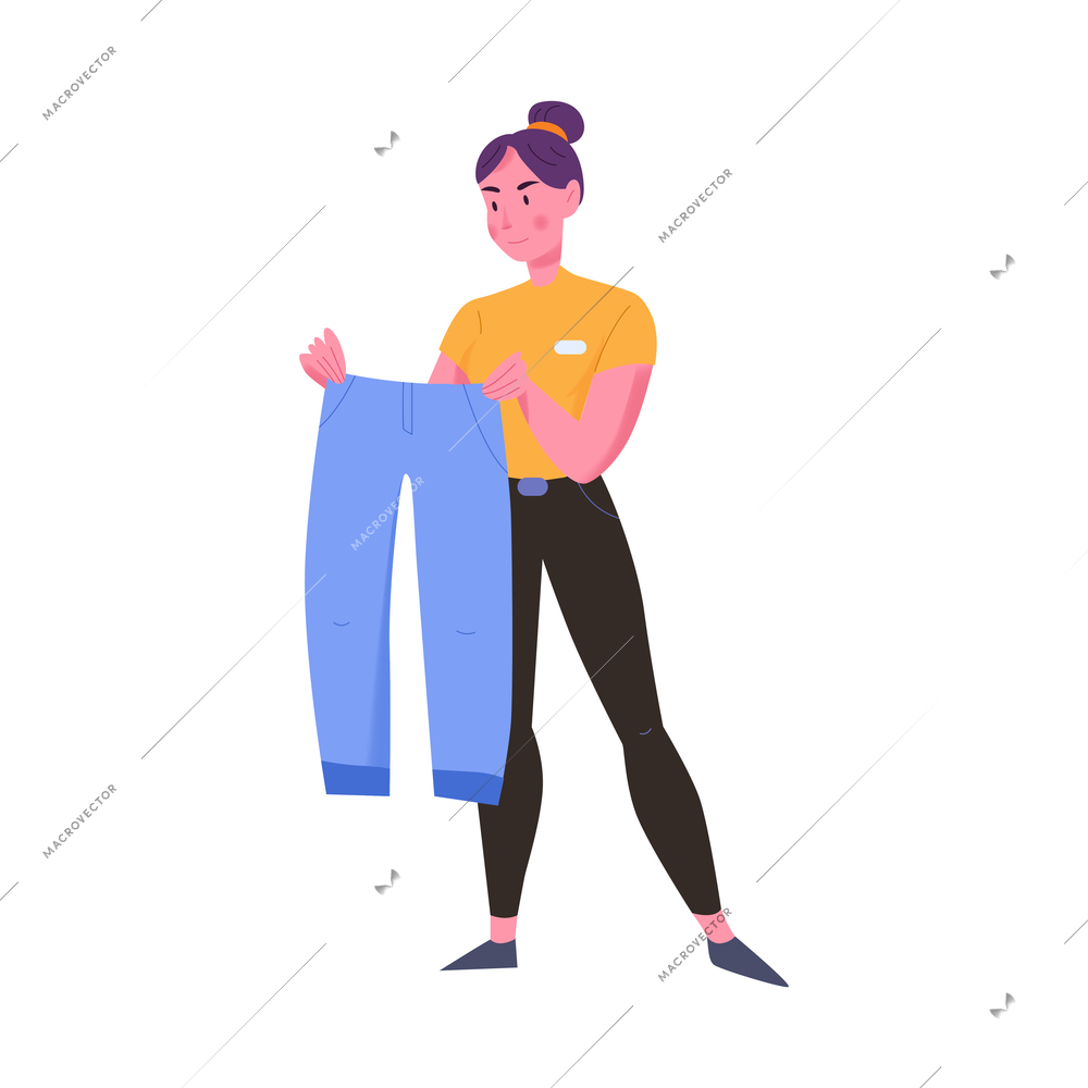 Flat icon with friendly clothing shop assistant holding trousers vector illustration