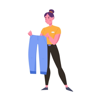 Flat icon with friendly clothing shop assistant holding trousers vector illustration