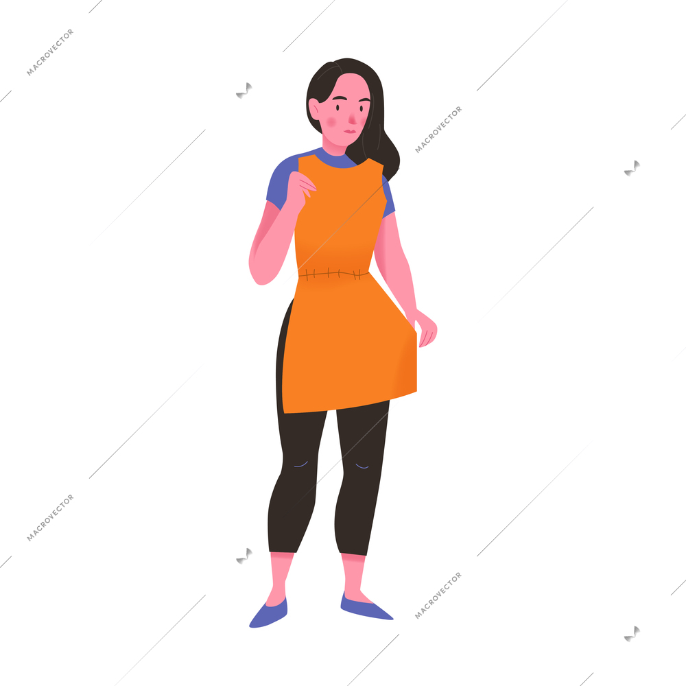 Woman trying on summer dress at clothing shop flat icon vector illustration