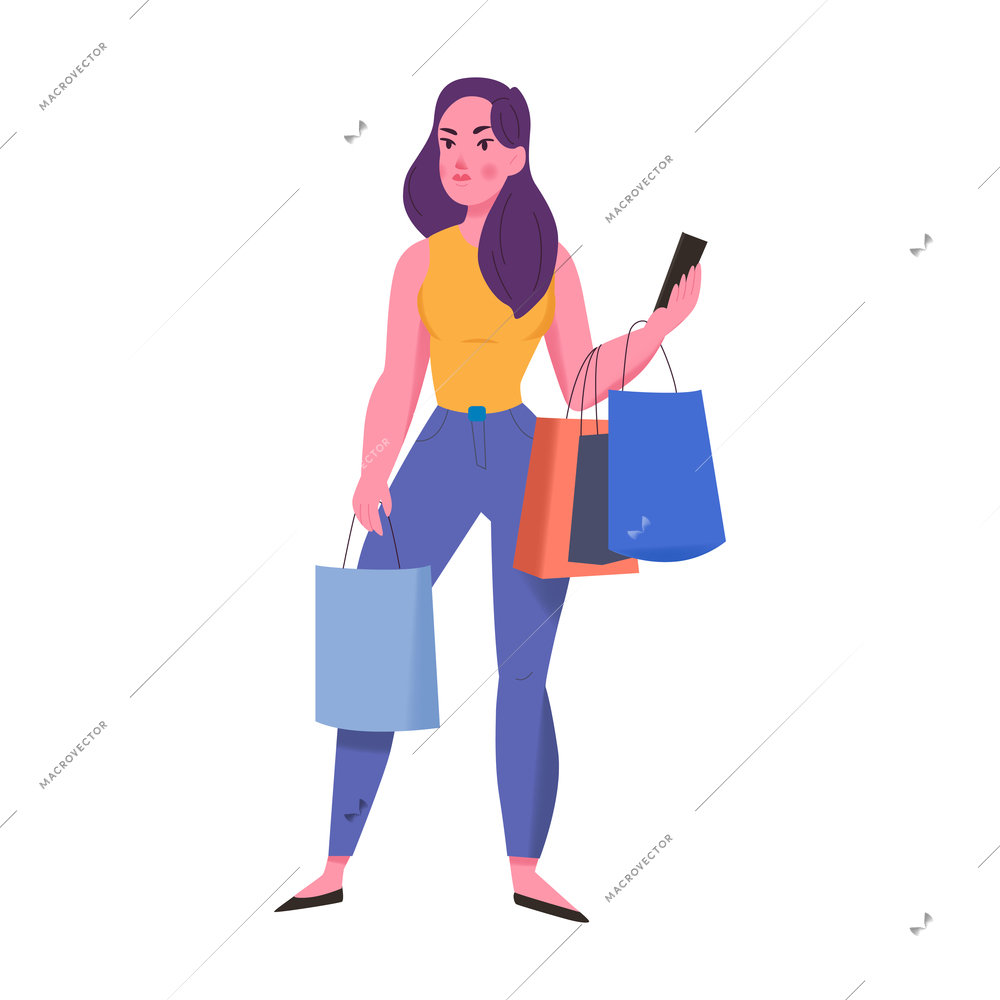 Young woman in summer clothes with paper shopping bags flat vector illustration