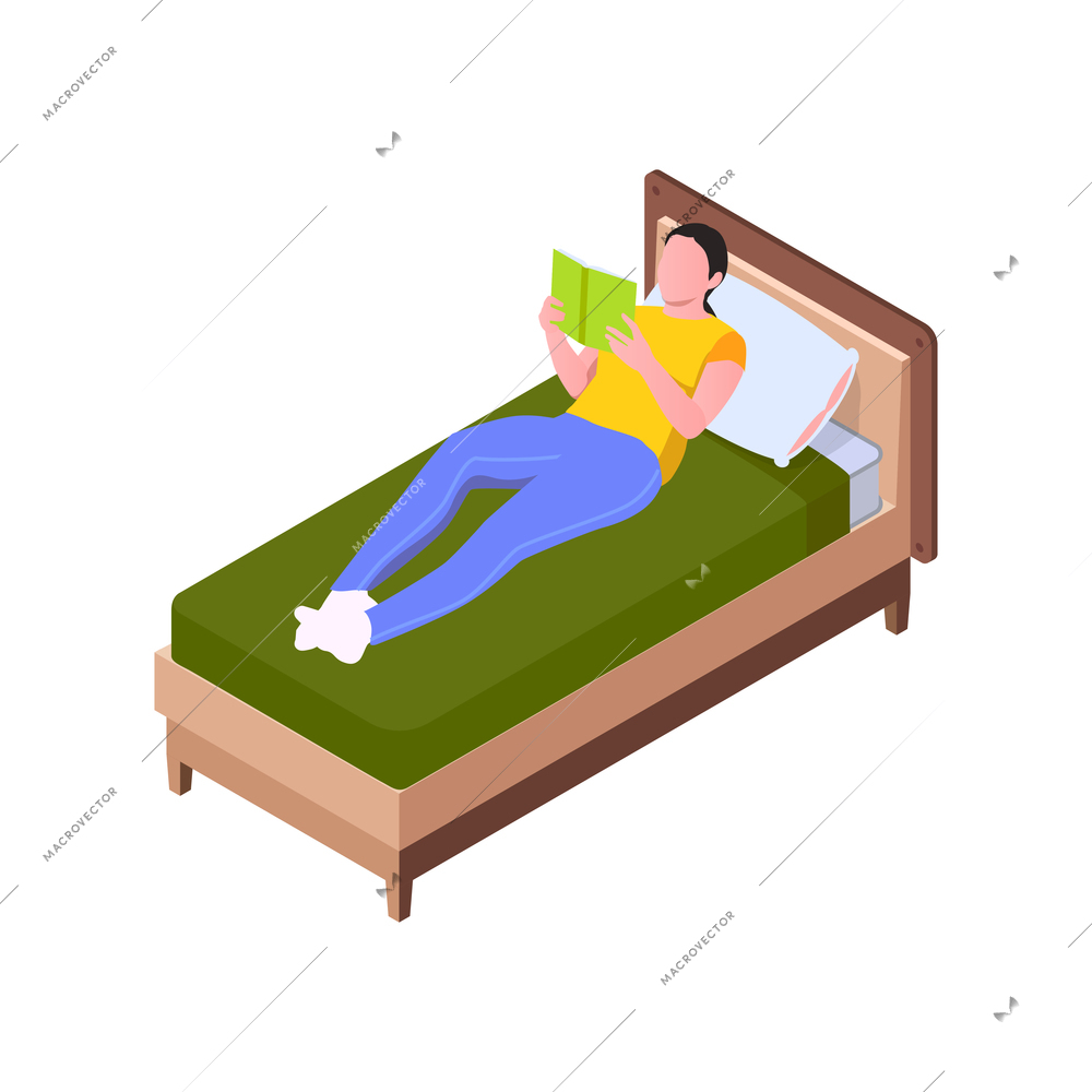 Isometric icon with woman lying on bed and reading book vector illustration