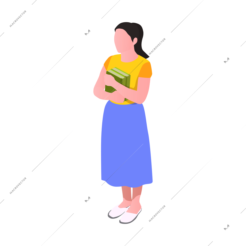 Character of woman in long blue skirt holding two books isometric vector illustration