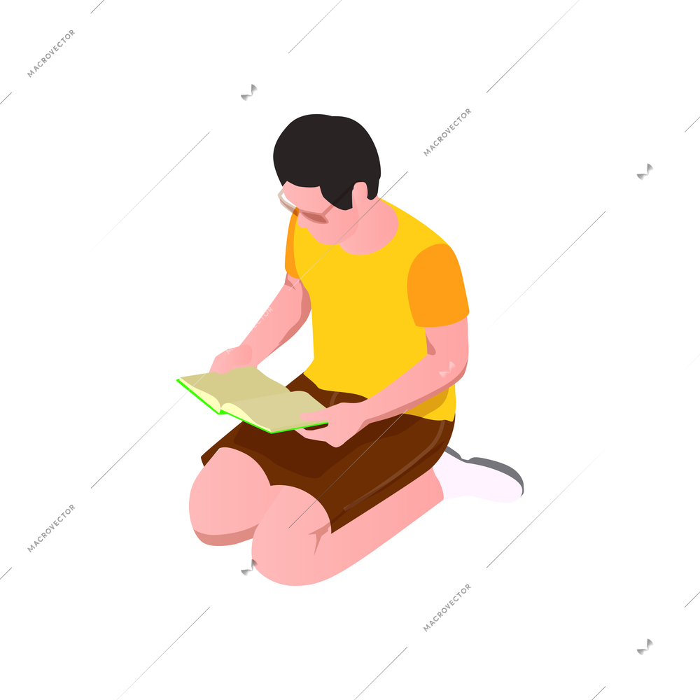 Man in glasses reading book sitting on his knees isometric icon vector illustration