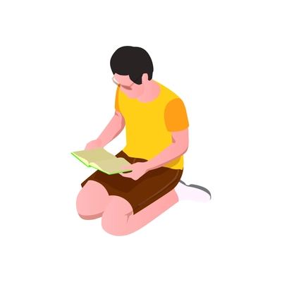 Man in glasses reading book sitting on his knees isometric icon vector illustration