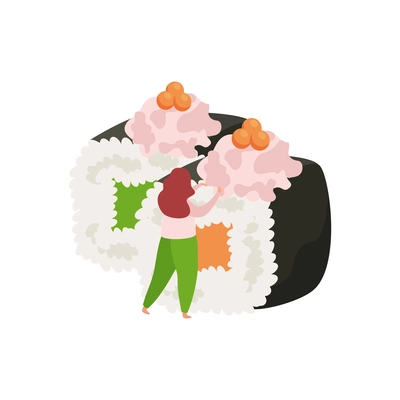 Sushi flat icon with woman character and maki with topping vector illustration