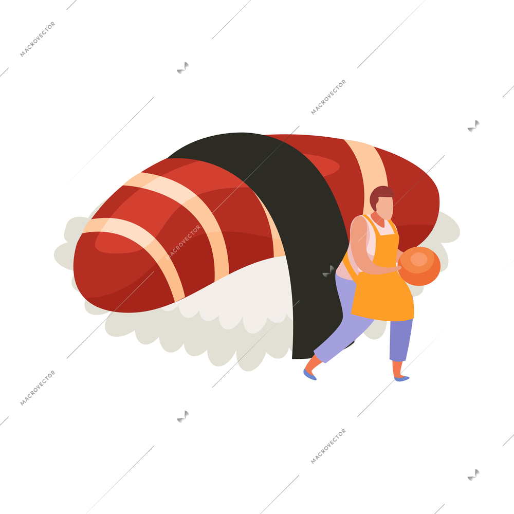 Flat icon with nigiri sushi and human character holding red caviar vector illustration