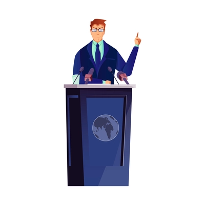 Politician giving speech at speakers stand flat vector illustration