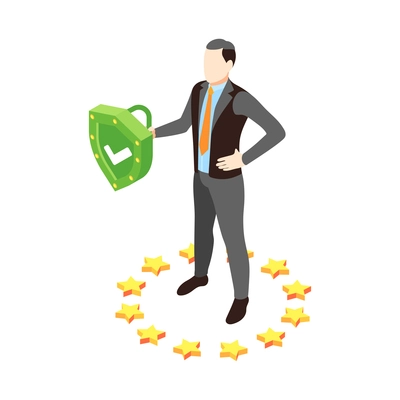 Personal data protection icon with confident man holding green shield isometric vector illustration